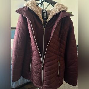 Women's Burgundy Quilted Puffer Jacket with Sherpa Lining